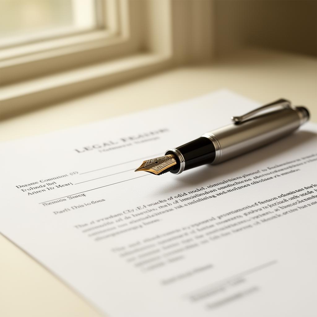 Fountain pen resting on a legal contract